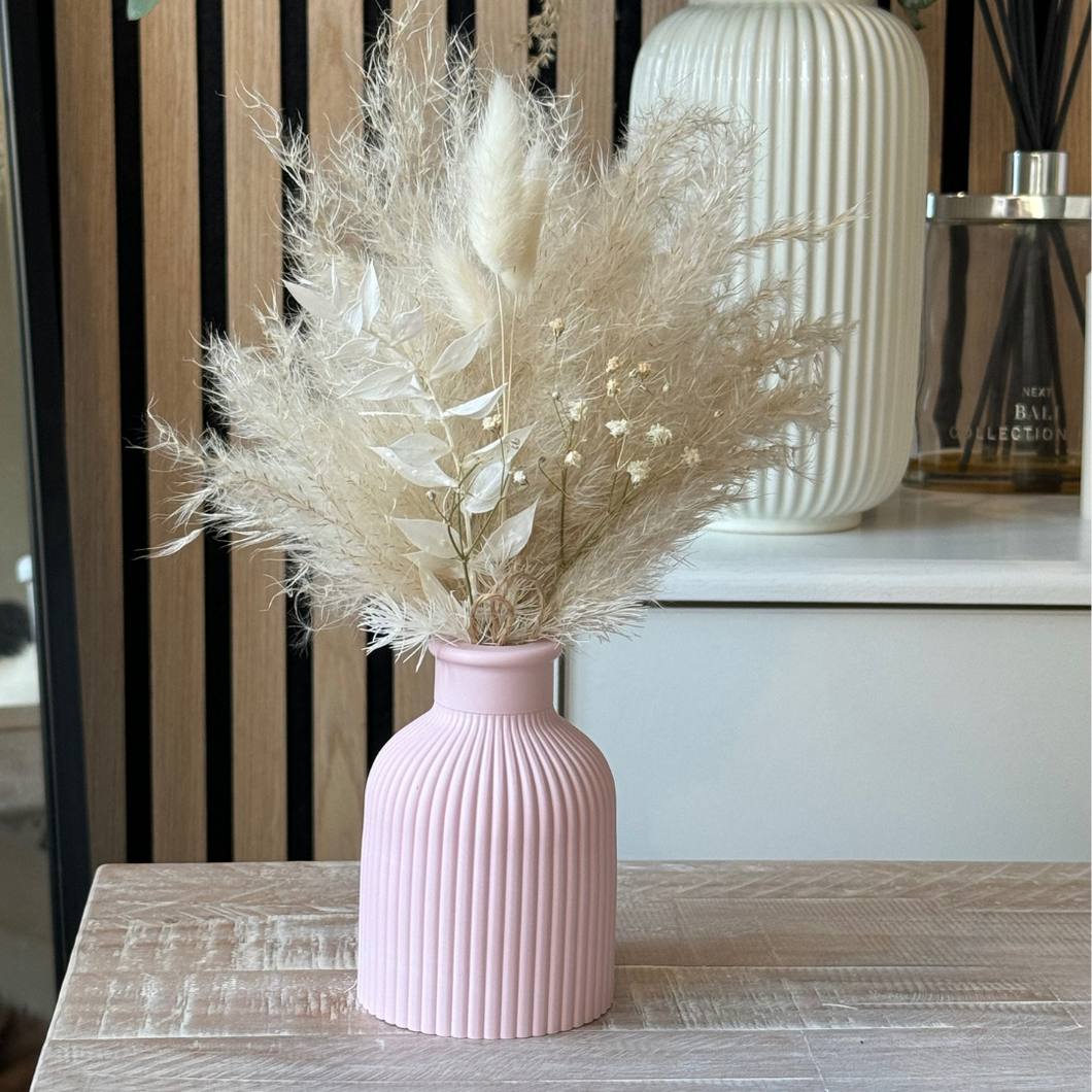Pink Ribbed Vase with Dried Flowers