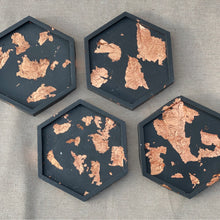 Load image into Gallery viewer, Coaster Set of 4-Charcoal Hexagon with Silver, Gold or Rose Gold Foil
