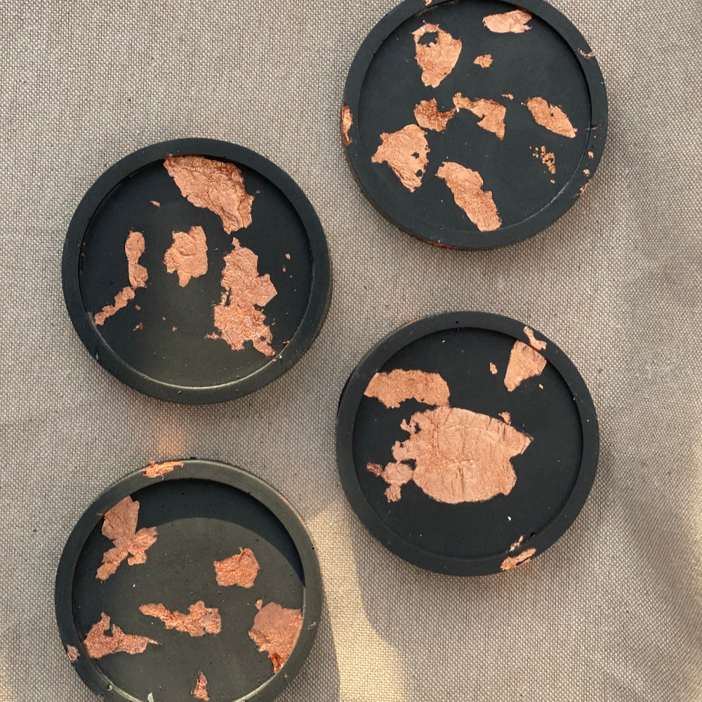 Coaster Set of 4-Charcoal Round with Silver, Gold or Rose Gold Foil