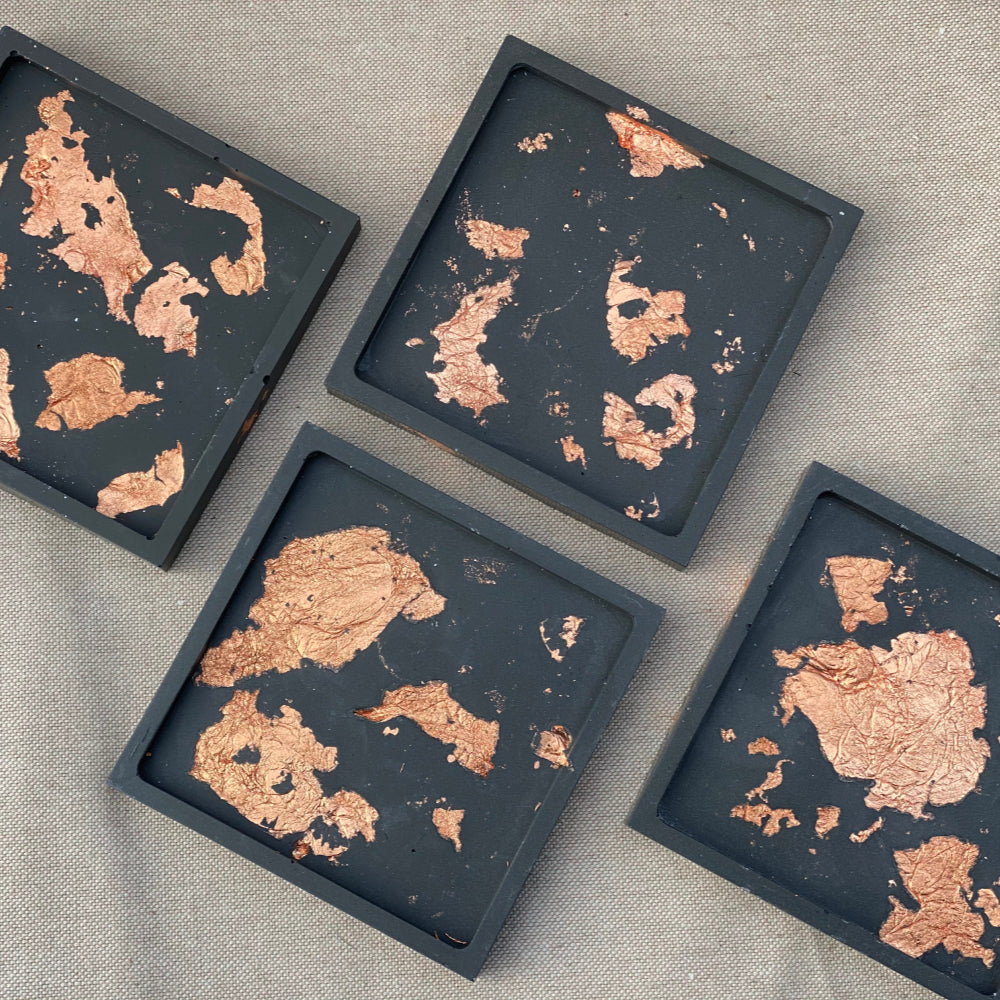Coaster Set of 4-Charcoal Square with Silver, Gold or Rose Gold Foil