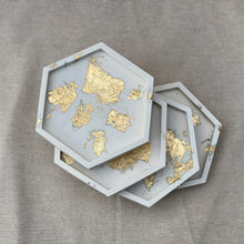 Load image into Gallery viewer, Coaster Set of 4-Beige Hexagon with choice of Silver, Gold or Rose Gold Leaf

