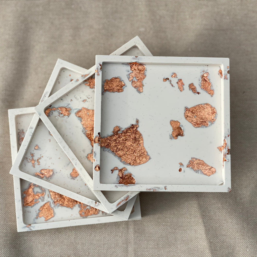 Coaster Set of 4-Beige Square with choice of Gold, Silver or Rose Gold Foil