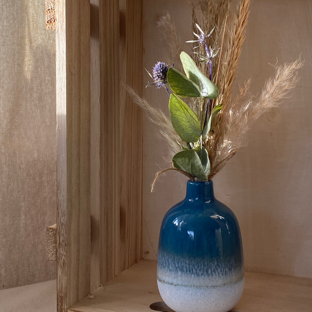 Bud Vase, Blue with Dried Flower Arrangement